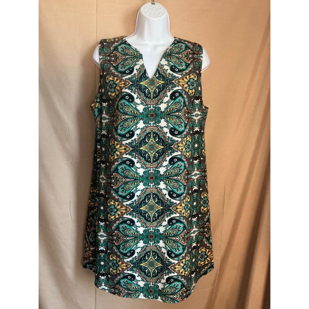 Renee C. Shift Dress Women Large Multi-Color Excellent Paisley V-Neck Sleeveless